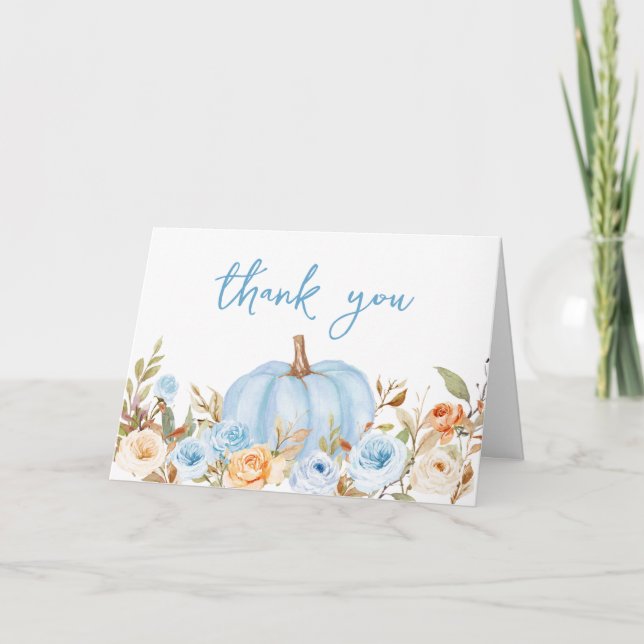 Blue Floral Fall Pumpkin Baby Shower  Thank You Card (Front)