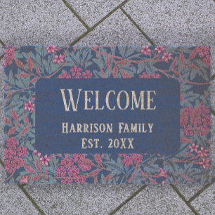 Blue Floral Family Name Established Welcome  Fiber Doormat