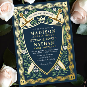 Blue Floral Fantasy Swords Shield Monogram Wedding Foil Invitation