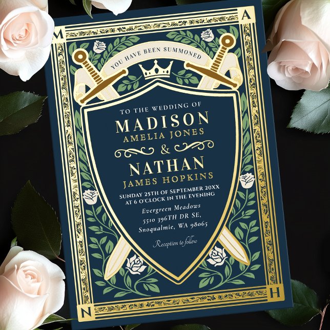 Blue Floral Fantasy Swords Shield Monogram Wedding Foil Invitation (Creator Uploaded)
