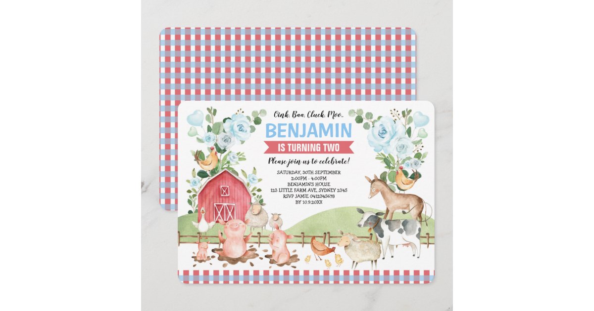 Blue Floral Farm Animals Barnyard Birthday Party Invitation | Zazzle