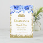Blue Floral Faux Gold Glitter Tiara Quinceanera Invitation (Standing Front)