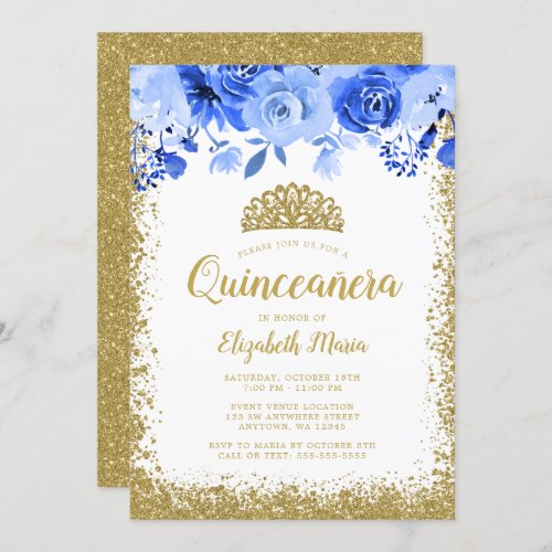Blue Floral Faux Gold Glitter Tiara Quinceanera Invitation