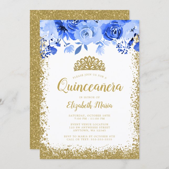 Blue Floral Faux Gold Glitter Tiara Quinceanera Invitation (Front/Back)