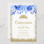 Blue Floral Faux Gold Glitter Tiara Quinceanera Invitation (Front)