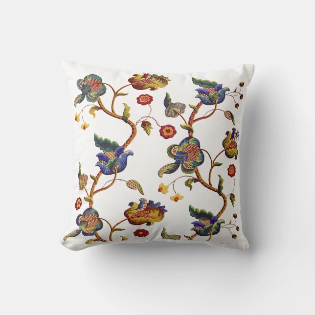 Blue Floral Faux Jacobean Embroidery Throw Pillow (Front)