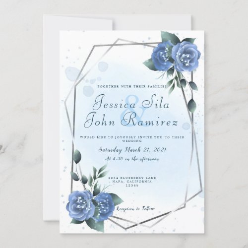 Blue Floral Faux Silver Foil Water Color Invitation