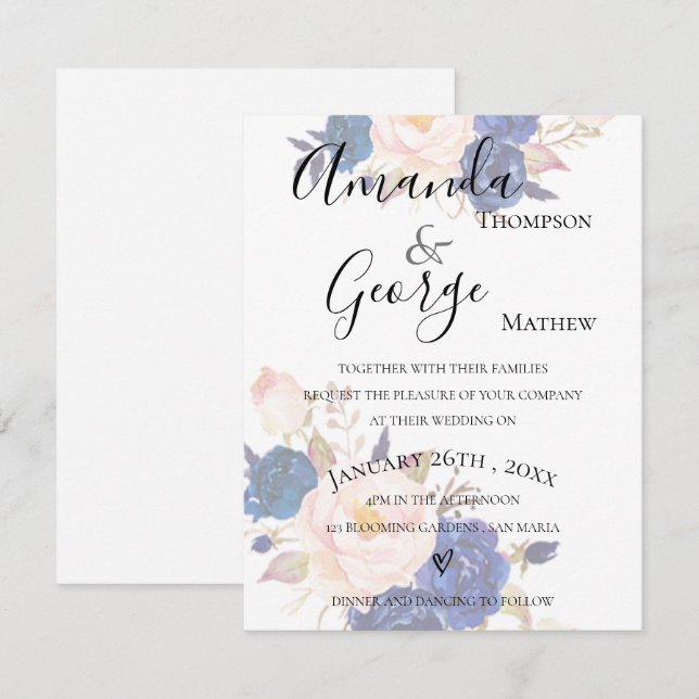 Blue Floral Faux Vellum Effect Wedding Invitation (Front/Back)