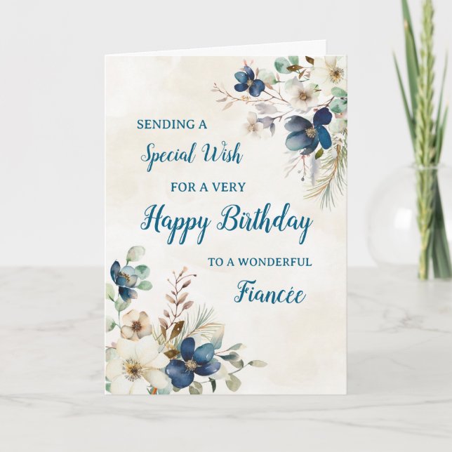 Blue Floral Fiancée Birthday Card (Front)