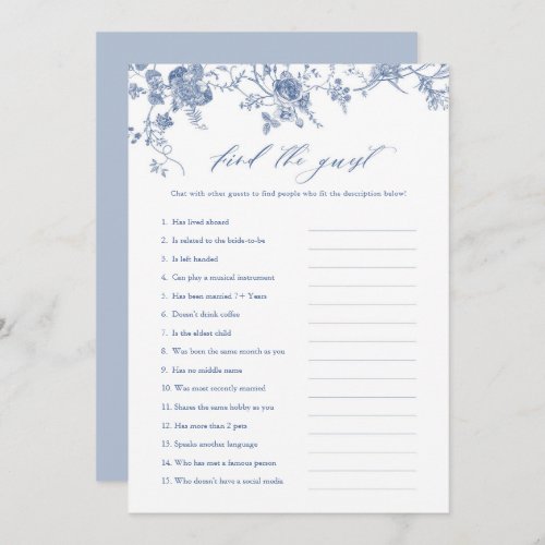 Blue Floral Find the Guest Bridal Shower Game Card