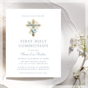 Blue Floral First Communion Budget Invitation
