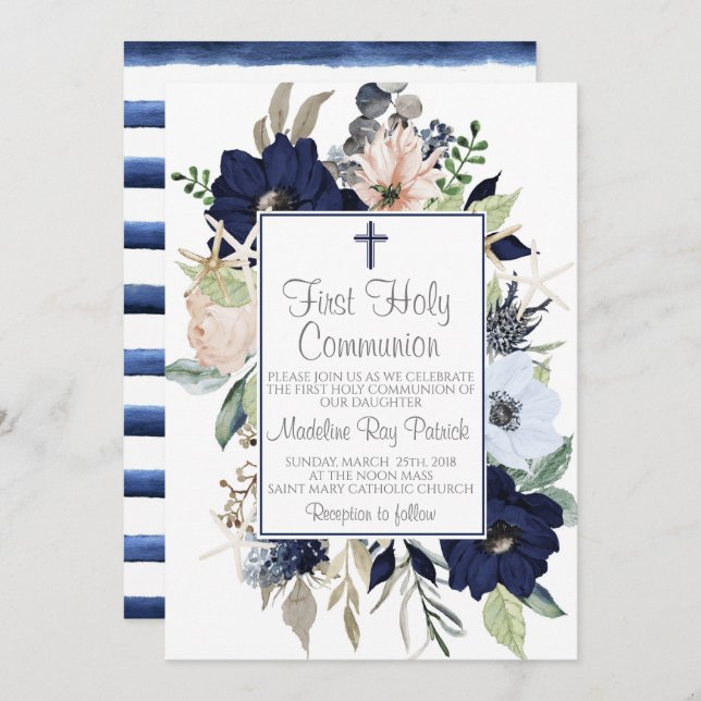 Blue Floral First Communion Invitation (Front/Back)