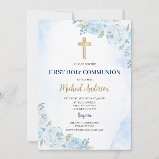 Blue Floral First Communion Invitation