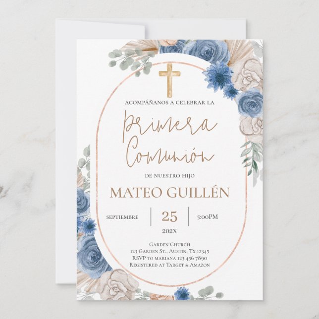 Blue Floral First Communion Spanish Invitation (Front)