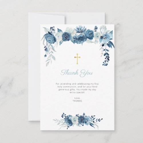 blue floral first communion thank you card