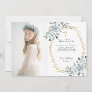 Blue Floral First Communion Thank You Card 