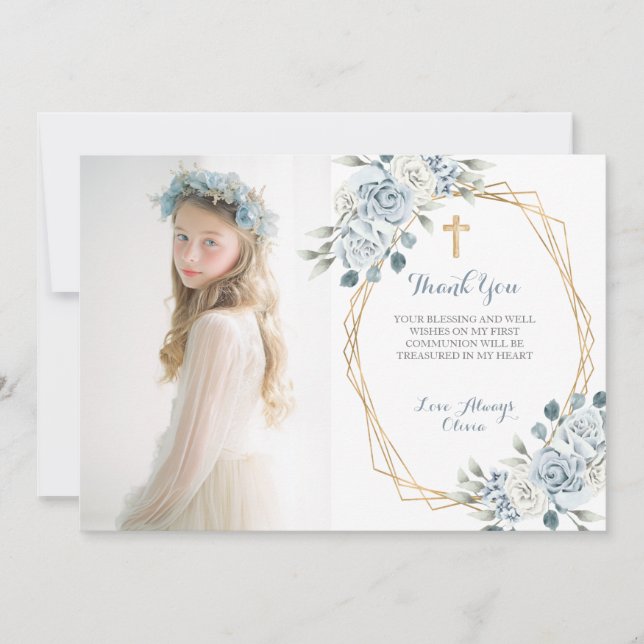 Blue Floral First Communion Thank You Card  (Front)
