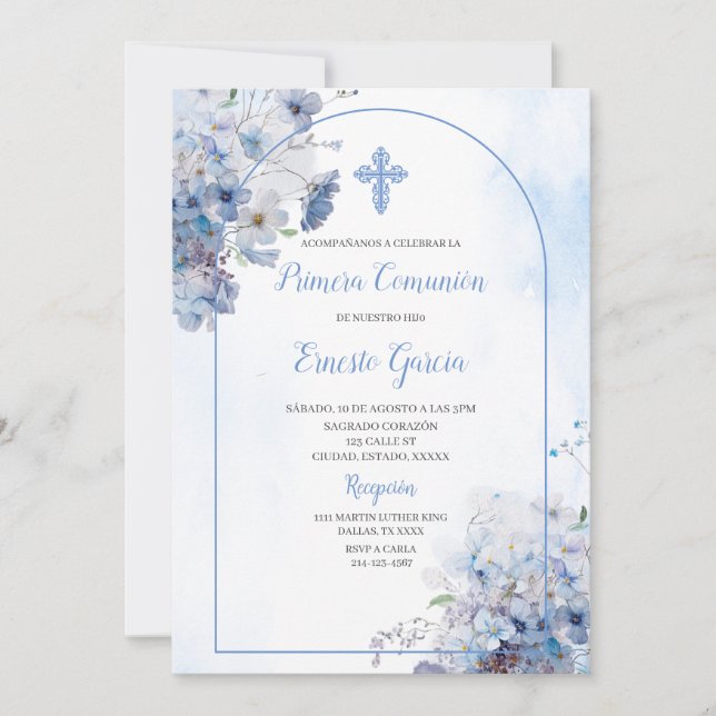 Blue floral first comunion Invitation (Front)