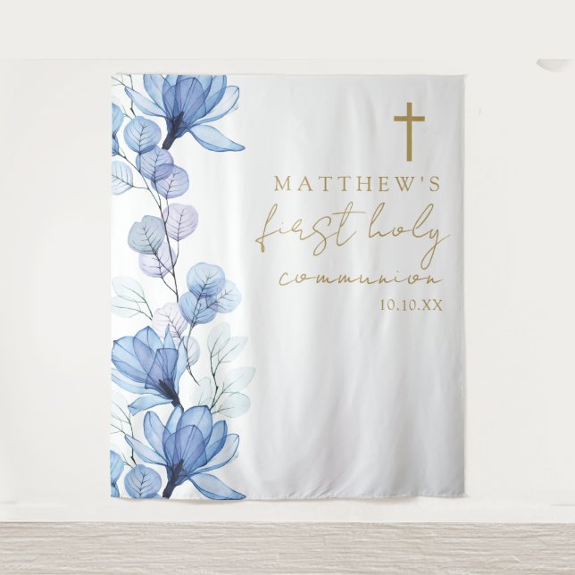 Blue Floral First Holy Communion Photo Backdrop (Front)