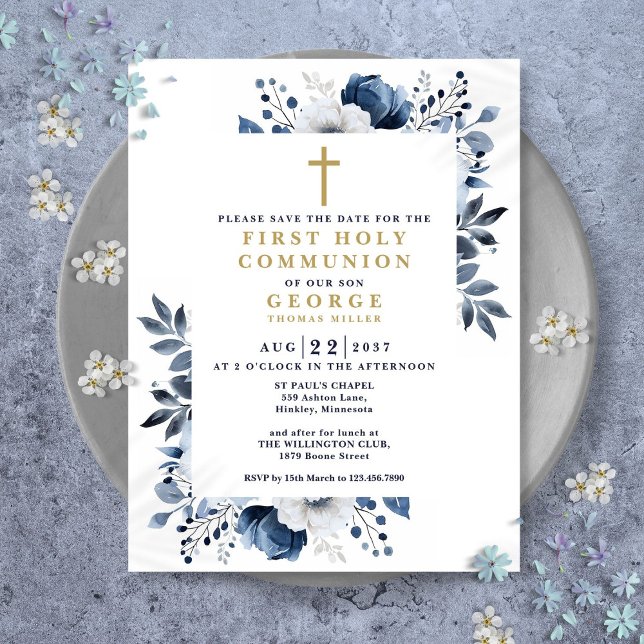 Blue Floral First Holy Communion Save The Date Postcard (Blue Floral First Holy Communion Save The Date Postcard)