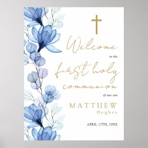 Blue Floral First Holy Communion Welcome Sign