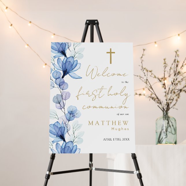Blue Floral First Holy Communion Welcome Sign (In Situ (Stand))