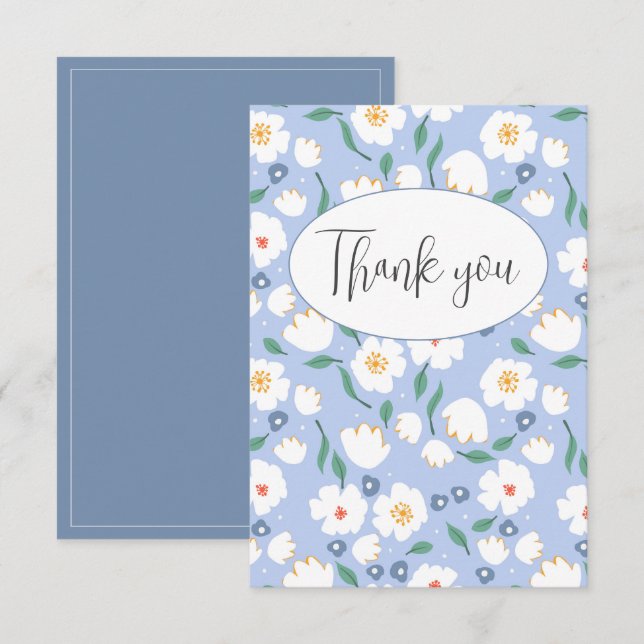 Blue Floral Flat Thank You Card (Front/Back)