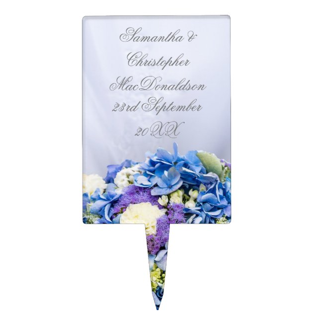Blue floral flower bouquet and wedding dress cake topper (Front)