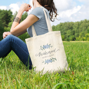Blue Floral Flower Girl Calligraphy Script Tote Bag