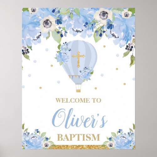 Blue Floral Flower Hot Air Balloon Baptism Welcome Poster