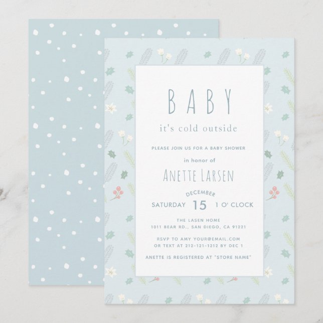 Blue Floral & Foliage Baby Shower Invitation (Front/Back)