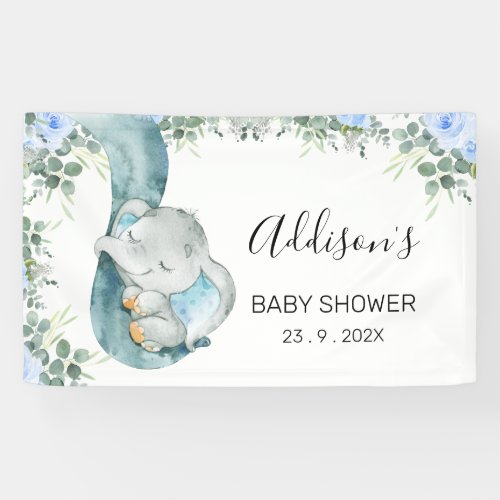 Blue Floral Foliage Elephant Baby Shower Banner