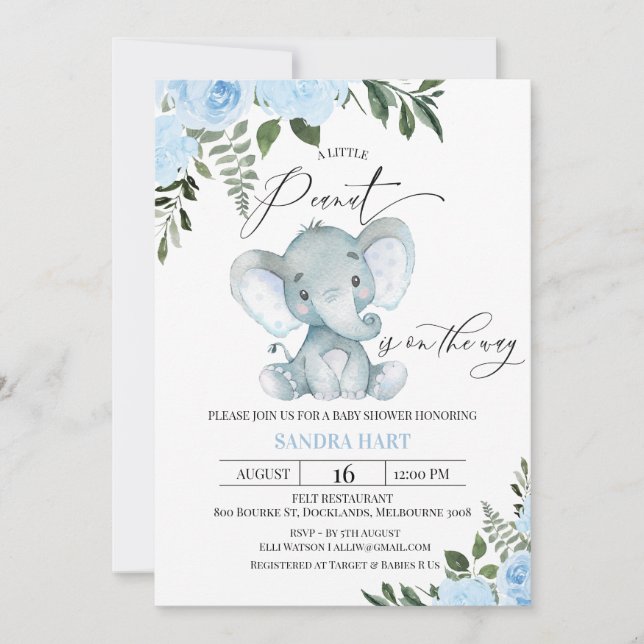 Blue Floral Foliage Elephant Peanut Baby Shower Invitation (Front)
