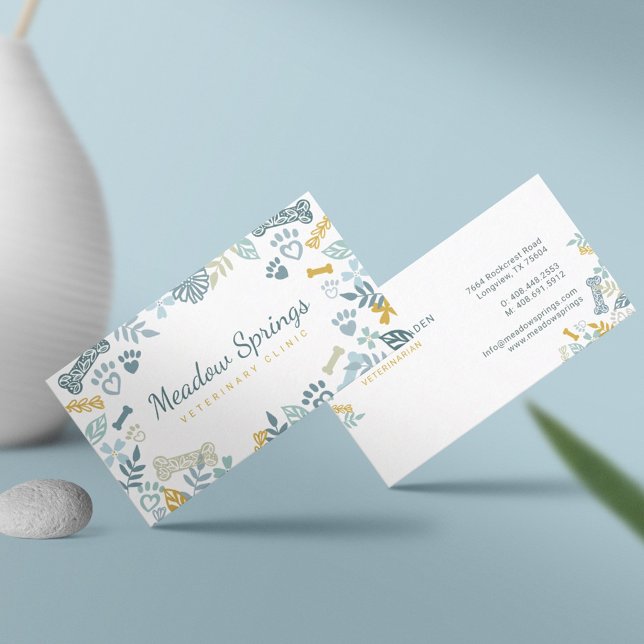 Blue Floral & Foliage Pet Paw Print Pattern Business Card (Creator Uploaded)