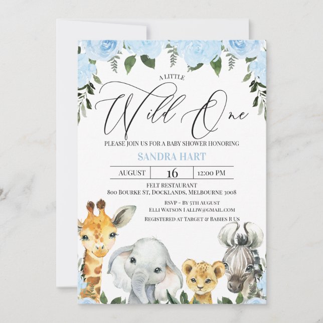Blue Floral Foliage Safari Baby Shower Invitation (Front)