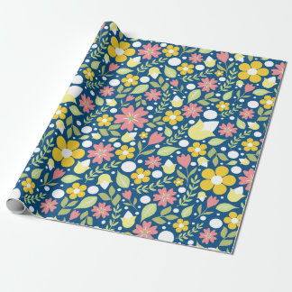 Blue Floral Folk Art Pattern Wrapping Paper