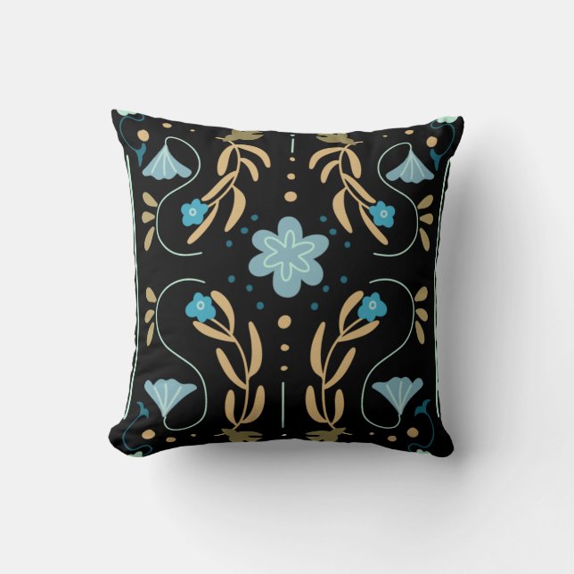 Blue Floral Folk Art  Throw Pillow (Front)