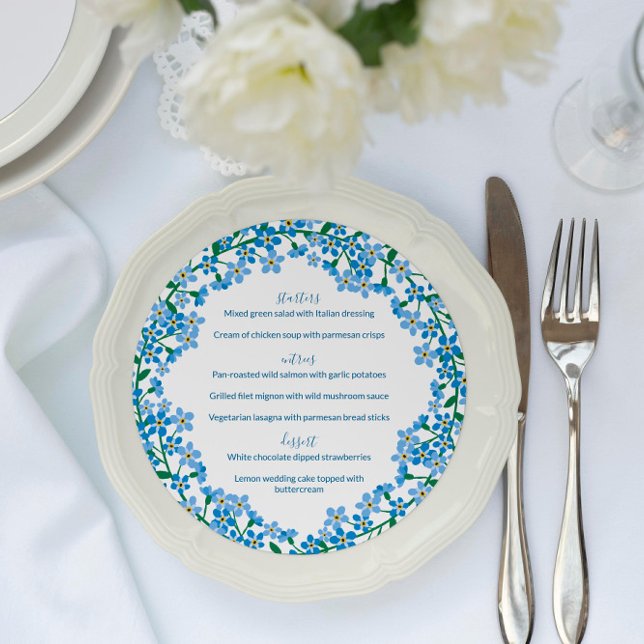 Blue Floral Forget-Me-Nots Round Wedding Menu (Creator Uploaded)