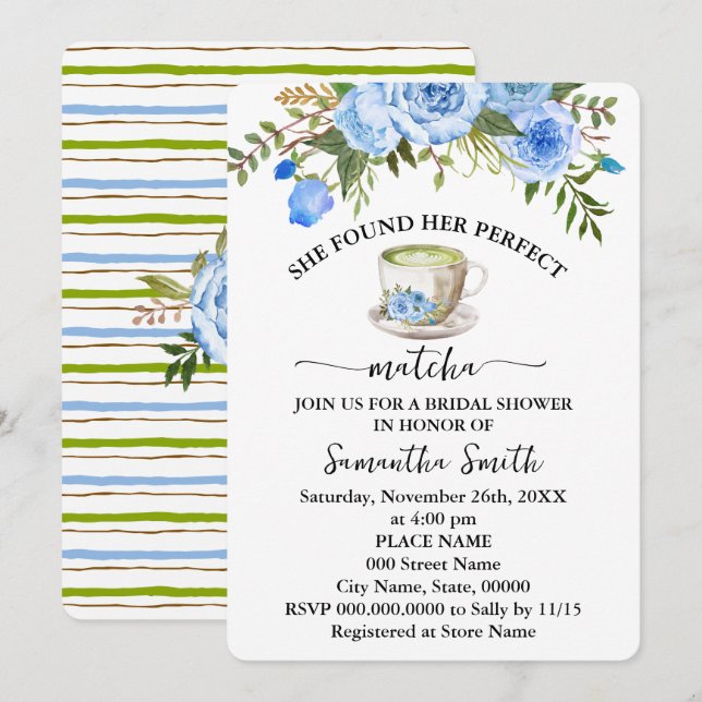 Blue Floral Found Her Perfect Matcha Bridal Shower Invitation (Front/Back)