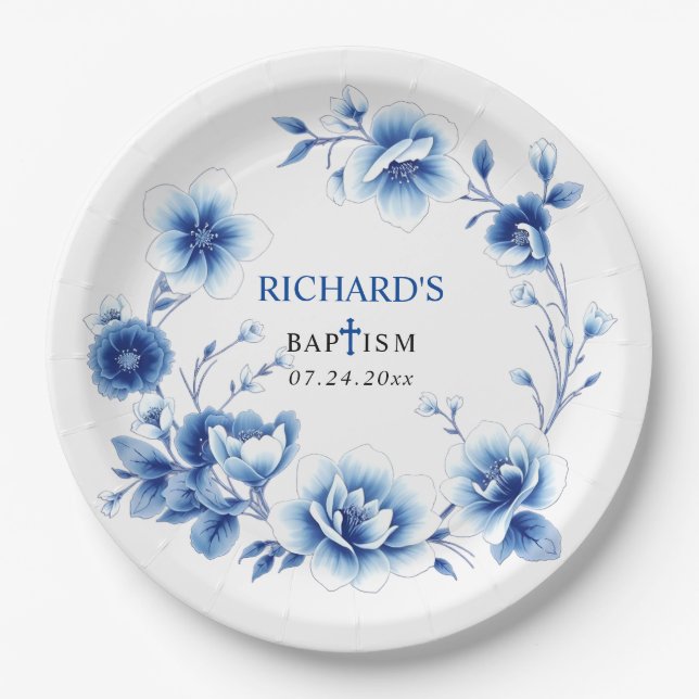 Blue floral frame Chinoiserie flowers boy Baptism Paper Plates (Front)