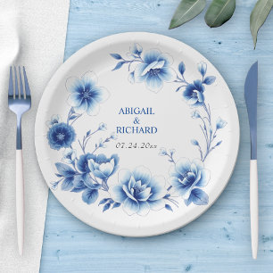 Blue floral frame Chinoiserie flowers wedding Paper Plates