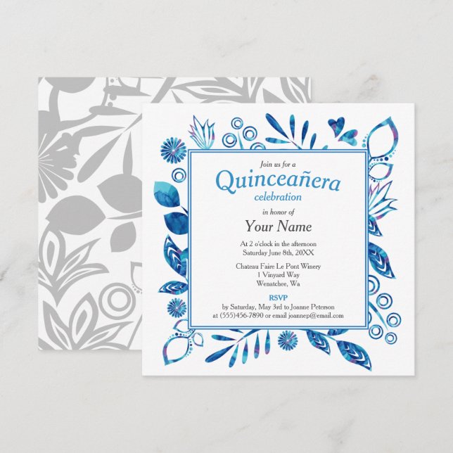 Blue Floral Frame Quinceañera Square Invitation (Front/Back)