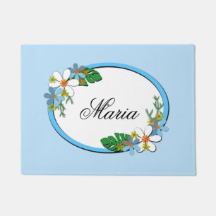 Blue floral frame round kids spring cute customiza doormat
