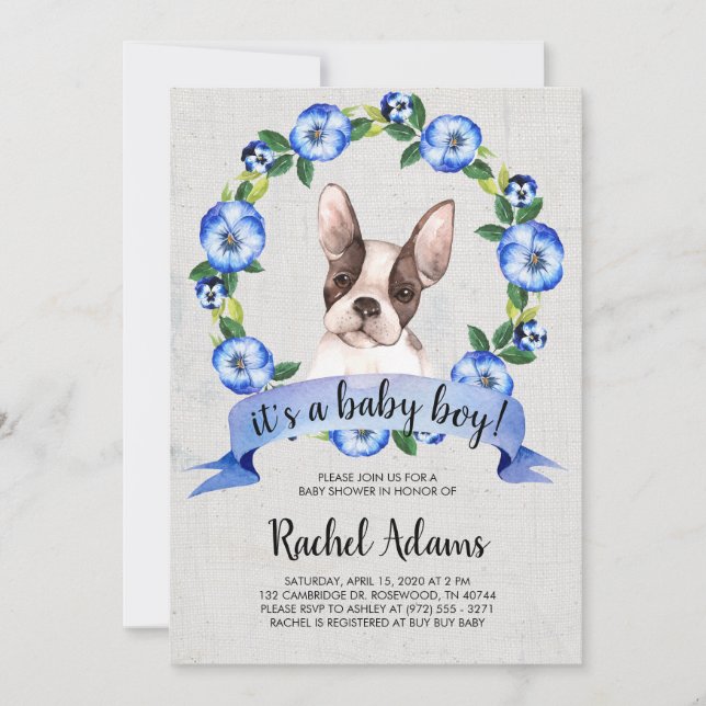 Blue Floral French Bull Dog Baby Shower Invitation (Front)