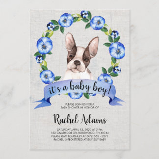 Blue Floral French Bull Dog Baby Shower Invitation