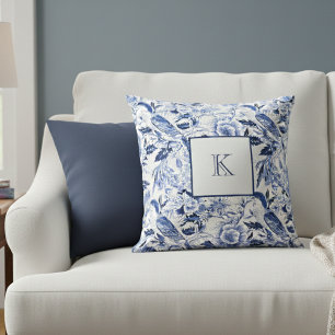 Blue Floral French Country Monogram  Throw Pillow