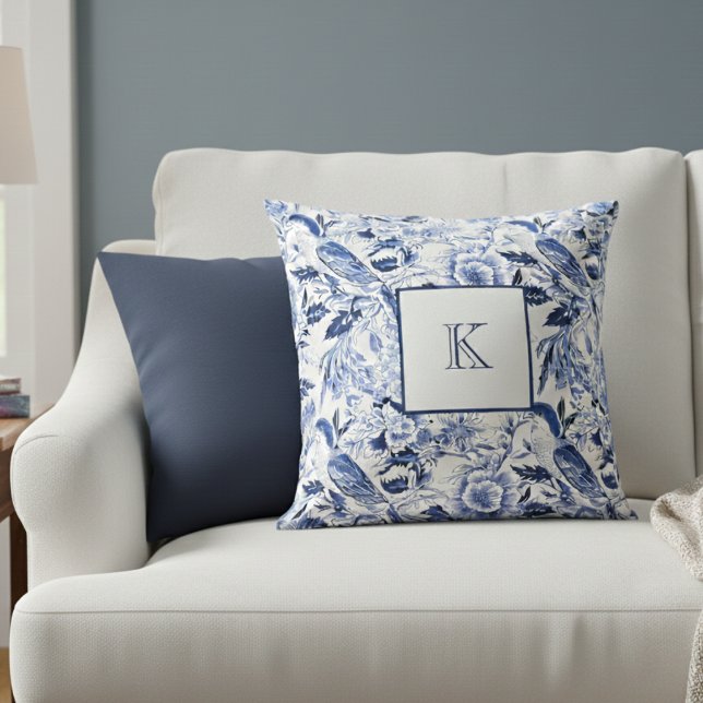 Blue Floral French Country Monogram  Throw Pillow (Creator Uploaded)