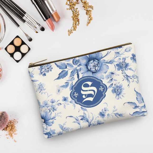 Blue Floral French Toile Chinoiserie Personalized Accessory Pouch (Creator Uploaded)