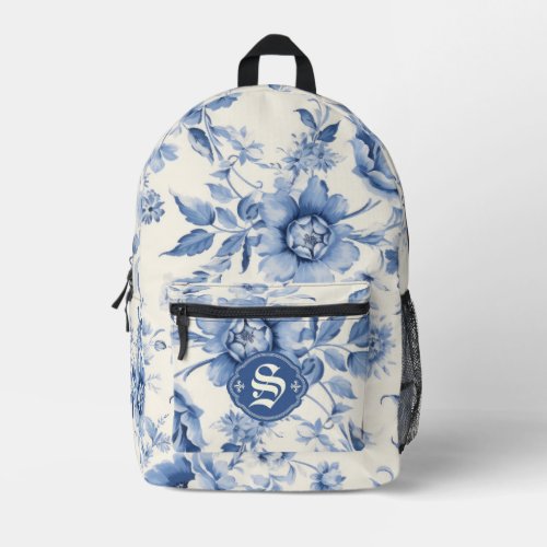 Blue Floral French Toile Chinoiserie Personalized Printed Backpack