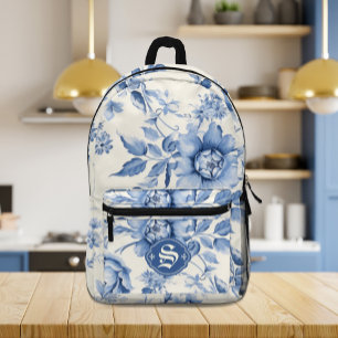 Blue Floral French Toile Chinoiserie Personalized Printed Backpack